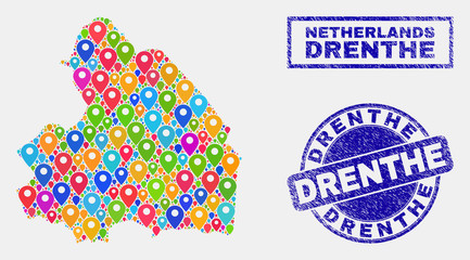 Vector bright mosaic Drenthe Province map and grunge stamp seals. Abstract Drenthe Province map is formed from scattered bright map pins. Stamp seals are blue, with rectangle and rounded shapes.