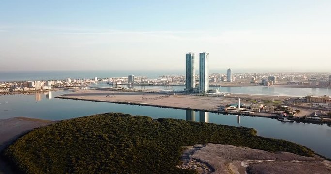 Ras al Khaimah emirate in the UAE aerial skyline view at sunrise