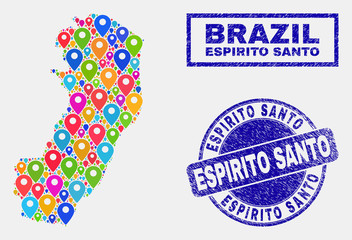 Vector bright mosaic Espirito Santo State map and grunge seals. Abstract Espirito Santo State map is formed from scattered bright map locations. Stamp seals are blue,
