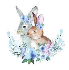 Easter Bunnies with in blue blossom. Watercolor illustration