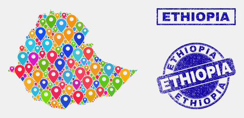 Vector bright mosaic Ethiopia map and grunge watermarks. Abstract Ethiopia map is composed from random bright site positions. Watermarks are blue, with rectangle and rounded shapes.