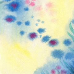 Fototapeta na wymiar Watercolor background, plant silhouettes, blue and yellow, postcard.