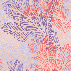 Underwater ocean coral reef plants, corals. Aquatic and aquarium seaweeds, tropical coral-reef background. Detailed fossil structure in doodle style drawn by hand. Ideal sea reef.