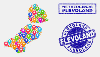 Vector colorful mosaic Flevoland Province map and grunge stamp seals. Abstract Flevoland Province map is formed from scattered bright site pointers. Stamp seals are blue,