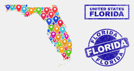 Vector colorful mosaic Florida State map and grunge stamp seals. Flat Florida State map is designed from random colorful navigation locations. Stamp seals are blue, with rectangle and rounded shapes.