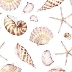 Wall murals Watercolor set 1 Sea shells, seamless pattern, marine background. Watercolor tropical beach design. Repeat fabric wallpaper print texture. Perfectly for wrapped paper, backdrop, frame or border. Marine collection.
