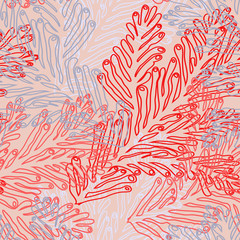 Sea reef seamles pattern with contour of corals. Detailed fossil structure in doodle style drawn by hand. For printing, fabric, textile manufacturing, wallpapers, covers book, card, banner, poster.