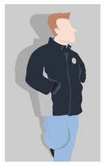 Man in winter standing leaning on a wall with a jacket and his hands in his pockets. Cold. Flat style vector illustration.