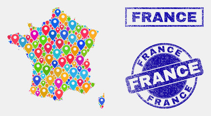 Vector bright mosaic France map and grunge stamp seals. Abstract France map is created from scattered colorful geo positions. Stamp seals are blue, with rectangle and rounded shapes.