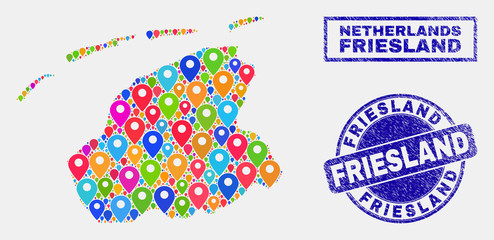 Vector colorful mosaic Friesland Province map and grunge stamp seals. Flat Friesland Province map is formed from scattered colorful site markers. Seals are blue, with rectangle and round shapes.
