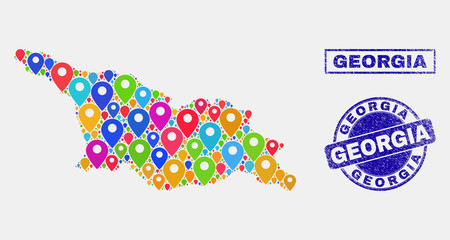 Vector bright mosaic Georgia map and grunge stamp seals. Abstract Georgia map is designed from randomized colorful map symbols. Stamp seals are blue, with rectangle and rounded shapes.