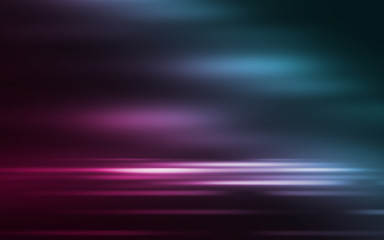 Empty background scene. Dark street reflection on wet asphalt. Rays of neon light in the dark, neon figures, smoke. Background of empty stage show. Abstract dark background.