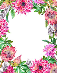 Obraz premium Tropical watercolor vertical frame of protea and colorful flowers. Exotic summer bouquet, twigs and leaves.