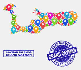 Vector bright mosaic Grand Cayman Island map and grunge watermarks. Abstract Grand Cayman Island map is created from random bright geo symbols. Watermarks are blue, with rectangle and rounded shapes.
