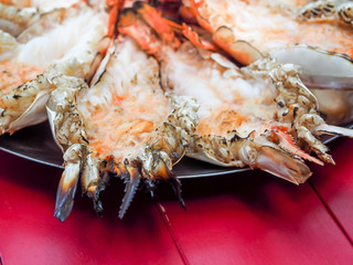 Grilled big tiger shrimps prawns on Plate. Roasted barbecue shrimp.