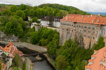 Panoramic landscape view above from aerial of the historic city of Cesky Krumlov with famous Cesky Krumlov Castle, Church city is on a UNESCO World Heritage Site captured during the spring