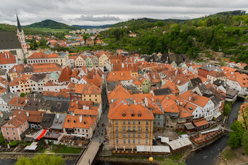 Panoramic landscape view above from aerial of the historic city of Cesky Krumlov with famous Cesky Krumlov Castle, Church city is on a UNESCO World Heritage Site captured during the spring