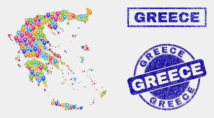 Vector bright mosaic Greece map and grunge stamp seals. Flat Greece map is composed from random colorful geo pins. Stamp seals are blue, with rectangle and rounded shapes.