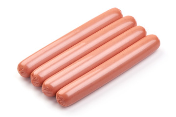 Fresh boiled pork sausages, close-up, isolated on white background