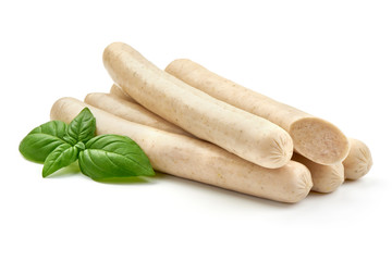 Fresh chicken sausages for barbeque or grill, close-up, isolated on white background