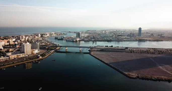 Ras al Khaimah emirate in the UAE aerial skyline view at sunrise