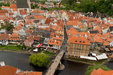 Panoramic landscape view above from aerial of the historic city of Cesky Krumlov with famous Cesky...