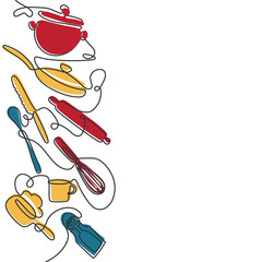 Cutlery line art background. One line drawing of different kitchen utensils. Vector illustration