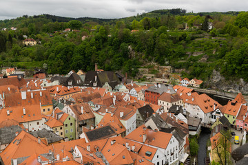 Panoramic landscape viePanoramic landscape view above from aerial of the historic city of Cesky Krumlov with famous Cesky Krumlov Castle, Church city is on a UNESCO World Heritage Site captured during