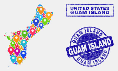 Vector colorful mosaic Guam Island map and grunge stamps. Abstract Guam Island map is composed from random colorful geo markers. Stamps are blue, with rectangle and round shapes.