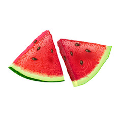 Two juicy slices of fresh watermelon are bright red with seeds and protruding drops of juice. It is isolated on a white background. 1