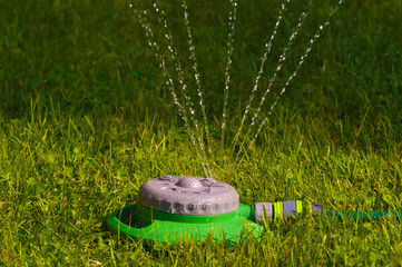 A simple and multi-functional garden sprinkler. Evening lawn irrigation.