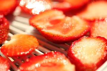 Strawberry berries cut dry plastic grid dryers