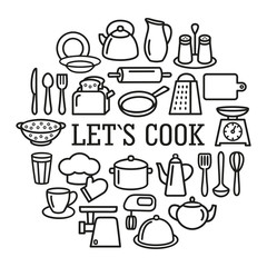 Cooking set of kitchenware line icons in circle