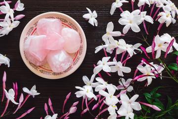 Rose Quartz with Jasmine on Dark Wood