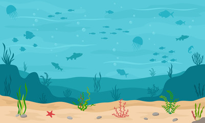 Naklejka na ściany i meble Sea underwater background. Marine sea bottom with underwater plants, corals and fishs. Panoramic seascape. Vector illustration.