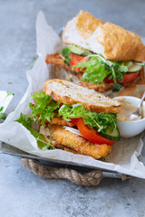 Sanwich with fried chicken on chiabatta with tomatoes, cheddar cheese, cucumber, onion, salad and microgreens