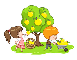 Vector illustration of cute boy and girl character isolated on white background. A farmer pushes a wheelbarrow of fruit. Chibi cute character isolated on white background. Yellow apple in basket.