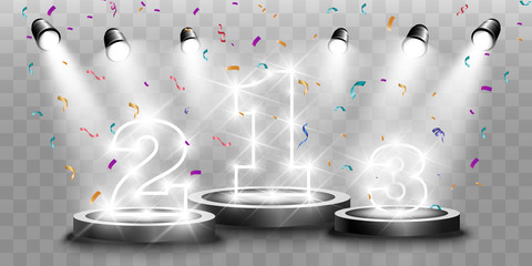 Winner background with signs of first, second and third place on a round pedestal. Vector winner podium sports symbols.