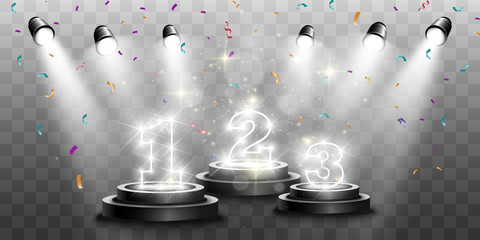 Winner background with signs of first, second and third place on a round pedestal. Vector winner podium sports symbols.