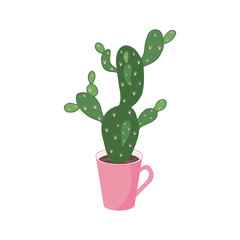 Poster with green cactus in pink mug on white background. Hand drawn vector illustration.