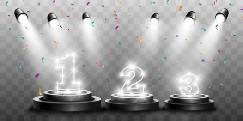 Winner background with signs of first, second and third place on a round pedestal. Vector winner podium sports symbols.