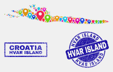 Vector bright mosaic Hvar Island map and grunge watermarks. Abstract Hvar Island map is created from random bright geo markers. Watermarks are blue, with rectangle and round shapes.
