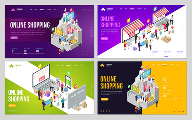 Set of design web site, landing page or presentation template. Minimal modern concept for online shopping, e-commerce market. Isometric vector illustration.