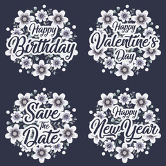 Greeting card template for happy birthday valentine's day and happy new year with flower wreath.