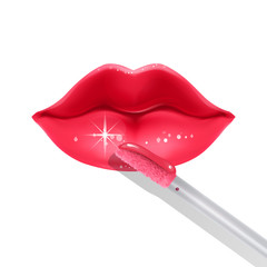 Liquid lipstick and realistic red lips brush, fashion element on white background, can be used for leaflets for the promotion of decorative cosmetics, Vector EPS 10 illustration