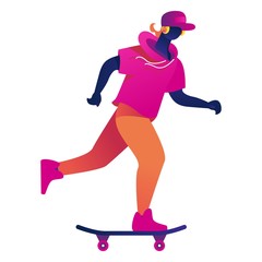 Obraz premium Young male student or teen riding on skateboard in bright vivid color gradients. Concept illustration, isolated on white background