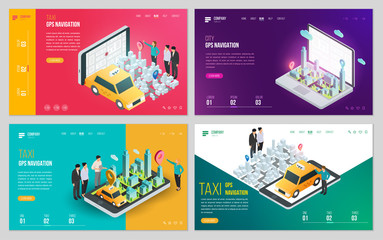 Set of design web site, landing page or presentation template. Minimal modern concept for gps navigation, digital online map. Isometric vector illustration.