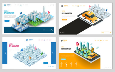 Set of design web site, landing page or presentation template. Minimal modern concept for gps navigation, digital online map. Isometric vector illustration.