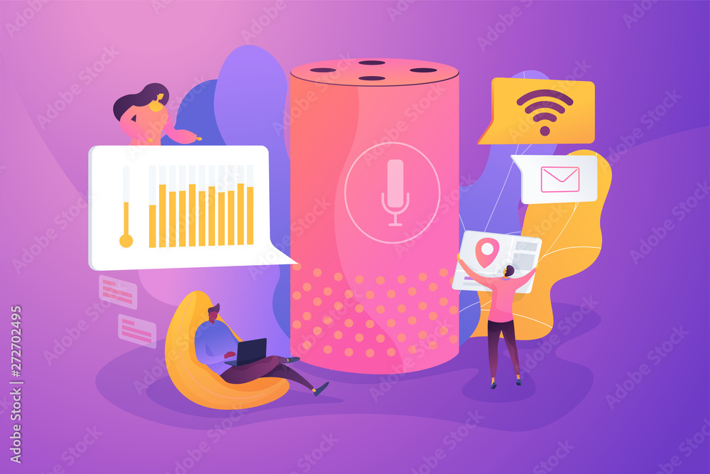 Wall mural Smart office controller and voice commands, voice controlled office digital devices and Iot concept. Vector isolated concept illustration with tiny people and floral elements. Hero image for website.