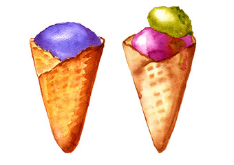 Ice cream watercolor summer set. Hand drawn illustration fruit ice cream in a waffle cone isolated on white background